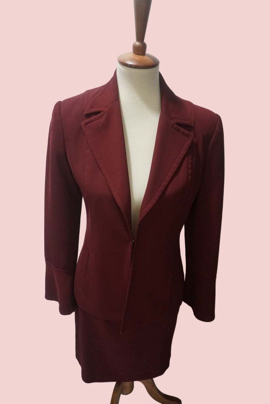 Lena Gabrielle New York Vintage Burgundy Blazer and Skirt Two-Piece Suit Set
